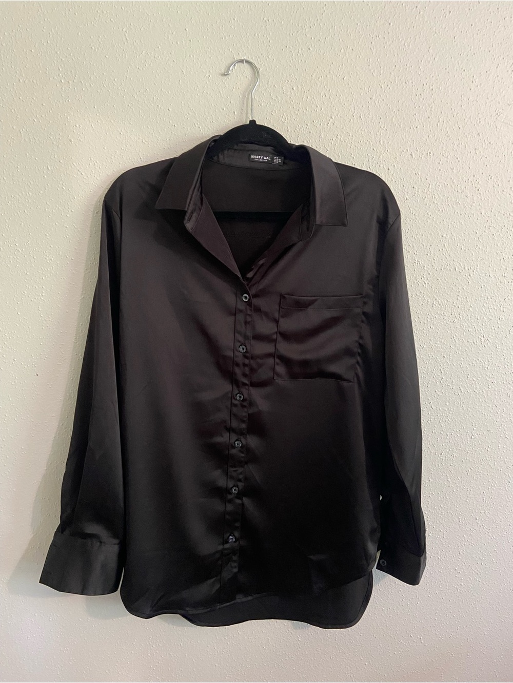 Nasty Gal Black Satin Button-Up Shirt
